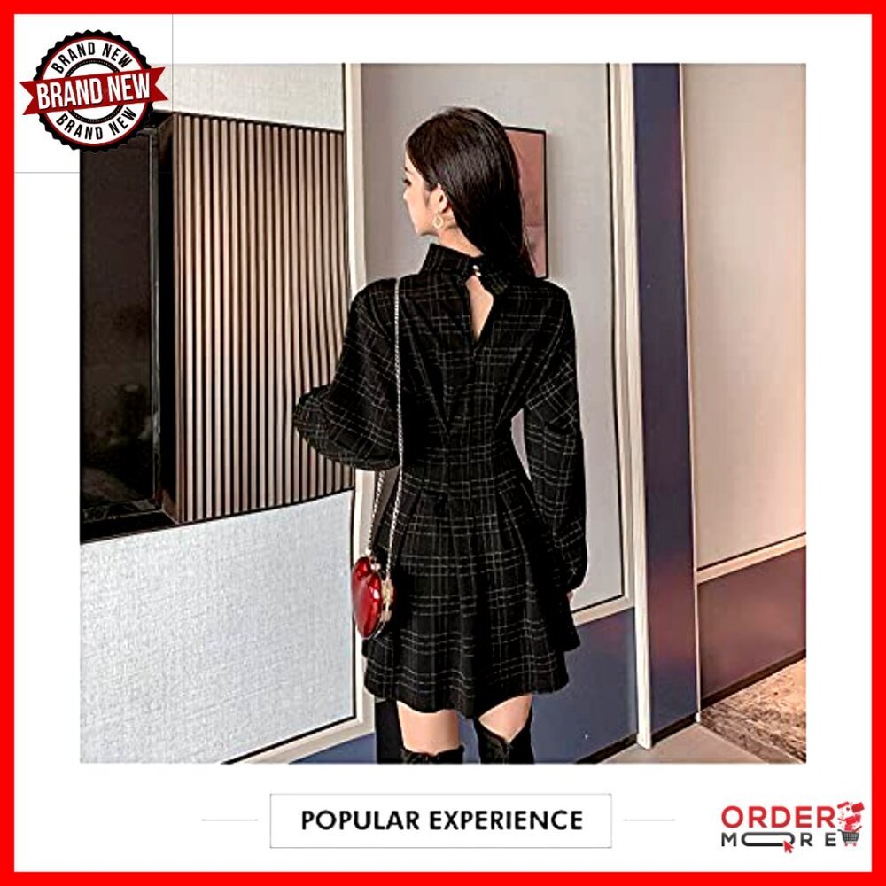 Long Sleeve Mini Dress Plaid Wrap Pleated Punk Gothic Vintage Style - Picture 3 of 7
